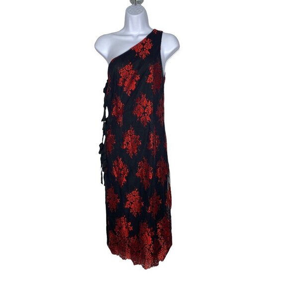 H:ours Womens Sheath‎ Dress One Shoulder Black Red Midi Floral Lace Slit S New - Picture 1 of 5
